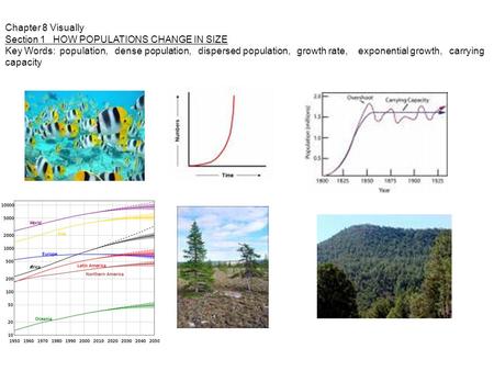 Chapter 8 Visually Section 1 HOW POPULATIONS CHANGE IN SIZE Key Words: population, dense population, dispersed population, growth rate, exponential growth,