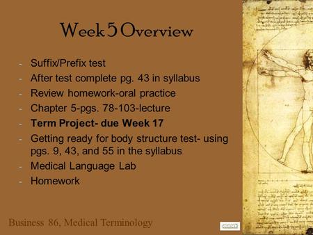 Business 86, Medical Terminology Week 5 Overview - Suffix/Prefix test - After test complete pg. 43 in syllabus - Review homework-oral practice - Chapter.