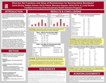 ... What Are the Functions and Value of Reminiscence for Nursing Home Residents? Sarah Birney, Kaitlyn Krauss, Emily Peters, Monique Goguen, Alison Kris,