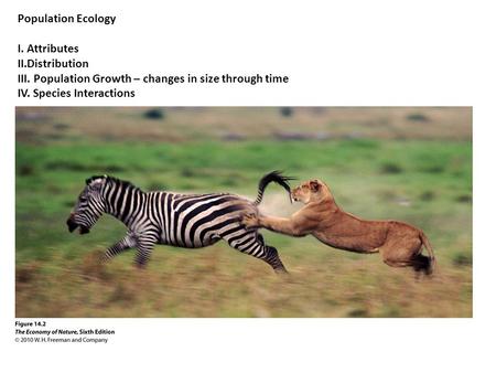 Population Ecology I. Attributes II.Distribution III. Population Growth – changes in size through time IV. Species Interactions.