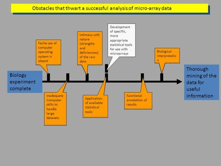 Application of available statistical tools Development of specific, more appropriate statistical tools for use with microarrays Functional annotation of.