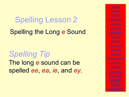 Spelling Lesson 2 Spelling the Long e Sound east bleed field donkey sneak jockey grease yield least scream shield wheat seaweed beach beetle screech female.