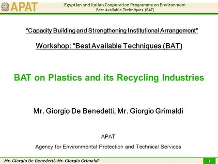 Egyptian and Italian Cooperation Programme on Environment Best Available Techniques (BAT) Mr. Giorgio De Benedetti, Mr. Giorgio Grimaldi 1 “Capacity Building.