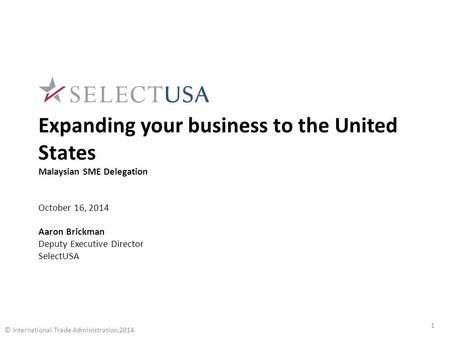 Expanding your business to the United States Malaysian SME Delegation October 16, 2014 Aaron Brickman Deputy Executive Director SelectUSA © International.