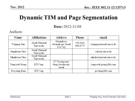 Submission doc.: IEEE 802.11-12/1357r3 Nov. 2012 Slide 1 Dynamic TIM and Page Segmentation Date: 2012-11-08 Authors: Weiping Sun, Seoul National University.