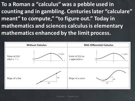 Calculus I Chapter two1 To a Roman a “calculus” was a pebble used in counting and in gambling. Centuries later “calculare” meant” to compute,” “to figure.