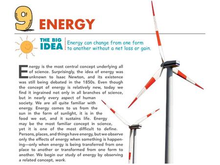 Notes: Chapter 9 Energy Objectives 1.Define and describe work (9.1) 2.Define and describe power (9.2) 3.Define mechanical energy. (9.3) 4.Define potential.