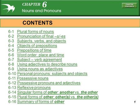 1 6-1 Plural forms of nounsPlural forms of nouns 6-2 Pronunciation of final –s/-esPronunciation of final –s/-es 6-3 Subjects, verbs, and objectsSubjects,