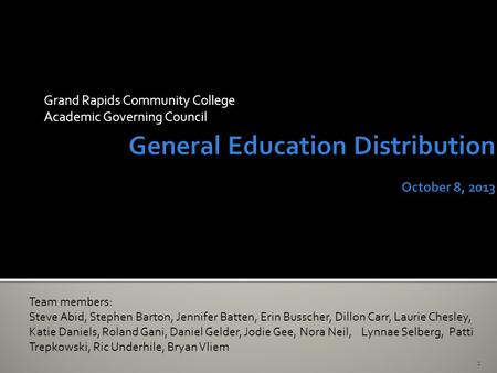 Grand Rapids Community College Academic Governing Council 1 Team members: Steve Abid, Stephen Barton, Jennifer Batten, Erin Busscher, Dillon Carr, Laurie.