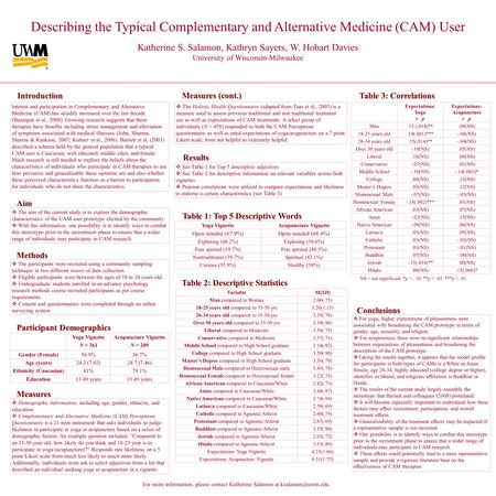 For more information, please contact Katherine Salamon at Describing the Typical Complementary and Alternative Medicine (CAM) User Katherine.