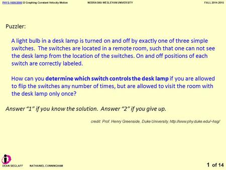 PHYS-1600/2000PHYS-1600/2000 I2 Graphing Constant Velocity MotionNEBRASKA WESLEYAN UNIVERSITYFALL 2014-2015 DEAN SIEGLAFF NATHANIEL CUNNINGHAM of 14 1.