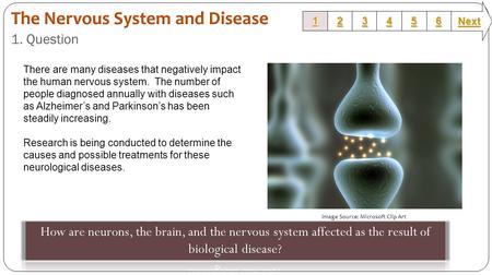 1. Question 1111 2222 3333 6666 5555 4444 Next Image Source: Microsoft Clip Art There are many diseases that negatively impact the human nervous system.