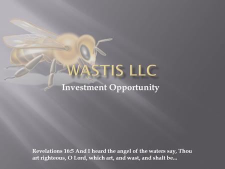 Investment Opportunity Revelations 16:5 And I heard the angel of the waters say, Thou art righteous, O Lord, which art, and wast, and shalt be...