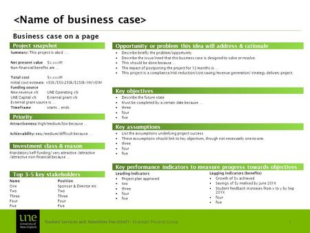 Business case on a page Summary: This project is abcd …. Net present value$x.xxxM Non-financial benefits are … Total cost$x.xxxM Initial cost estimate: