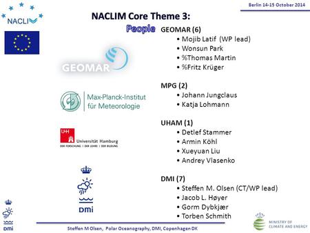 Steffen M Olsen, Polar Oceanography, DMI, Copenhagen DK GEOMAR (6) Mojib Latif (WP lead) Wonsun Park %Thomas Martin %Fritz Krüger MPG (2) Johann Jungclaus.