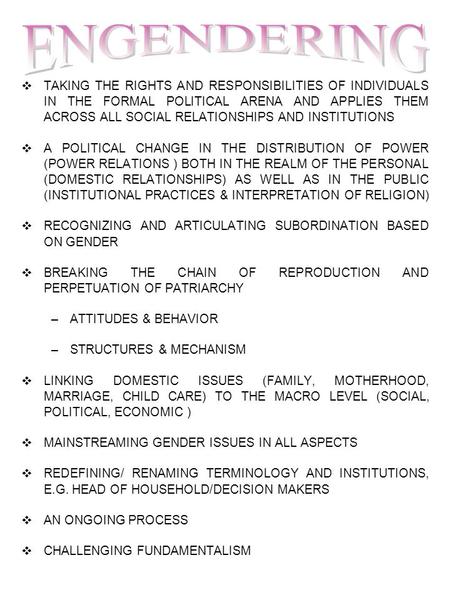  TAKING THE RIGHTS AND RESPONSIBILITIES OF INDIVIDUALS IN THE FORMAL POLITICAL ARENA AND APPLIES THEM ACROSS ALL SOCIAL RELATIONSHIPS AND INSTITUTIONS.