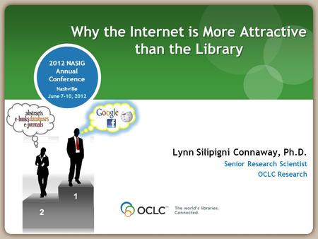 2012 NASIG Annual Conference Nashville June 7-10, 2012 Lynn Silipigni Connaway, Ph.D. Senior Research Scientist OCLC Research Why the Internet is More.