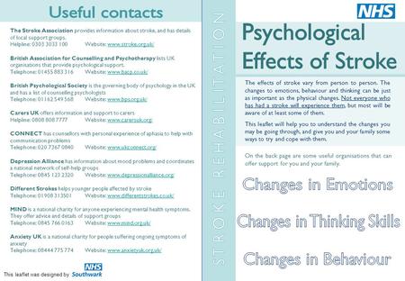 The effects of stroke vary from person to person. The changes to emotions, behaviour and thinking can be just as important as the physical changes. Not.