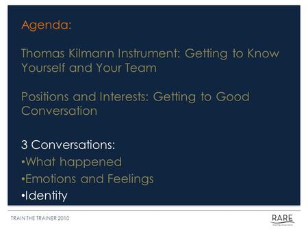 Agenda: Thomas Kilmann Instrument: Getting to Know Yourself and Your Team Positions and Interests: Getting to Good Conversation 3 Conversations: What happened.