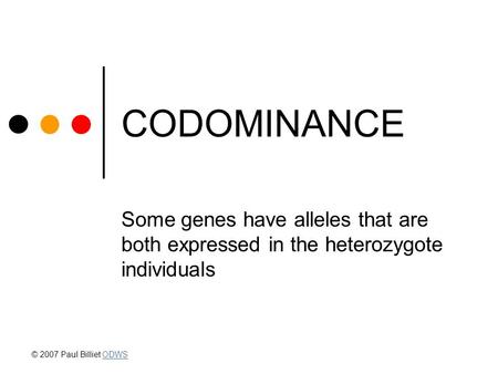 CODOMINANCE Some genes have alleles that are both expressed in the heterozygote individuals © 2007 Paul Billiet ODWSODWS.