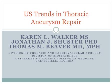 KAREN L. WALKER MS JONATHAN J. SHUSTER PHD THOMAS M. BEAVER MD, MPH DIVISION OF THORACIC AND CARDIOVASCULAR SURGERY DIVISION OF BIOSTATISTICS UNIVERSITY.