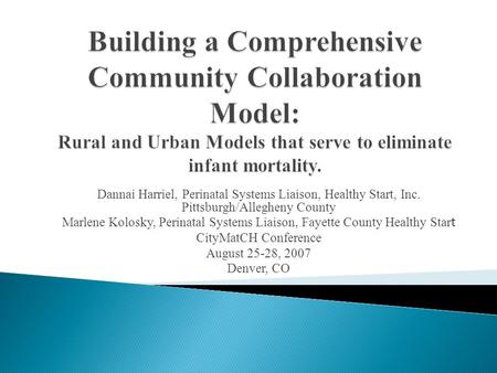 Dannai Harriel, Perinatal Systems Liaison, Healthy Start, Inc. Pittsburgh/Allegheny County Marlene Kolosky, Perinatal Systems Liaison, Fayette County Healthy.