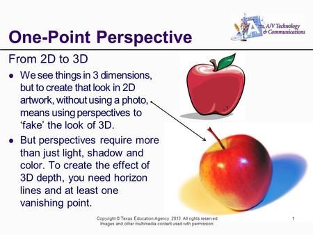 Copyright © Texas Education Agency, 2013. All rights reserved. Images and other multimedia content used with permission. 1 One-Point Perspective From 2D.