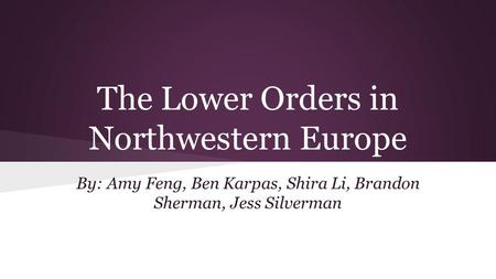 The Lower Orders in Northwestern Europe By: Amy Feng, Ben Karpas, Shira Li, Brandon Sherman, Jess Silverman.