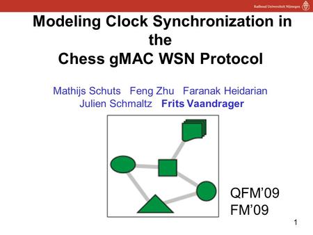 1 Modeling Clock Synchronization in the Chess gMAC WSN Protocol Mathijs Schuts Feng Zhu Faranak Heidarian Julien Schmaltz Frits Vaandrager QFM’09 FM’09.