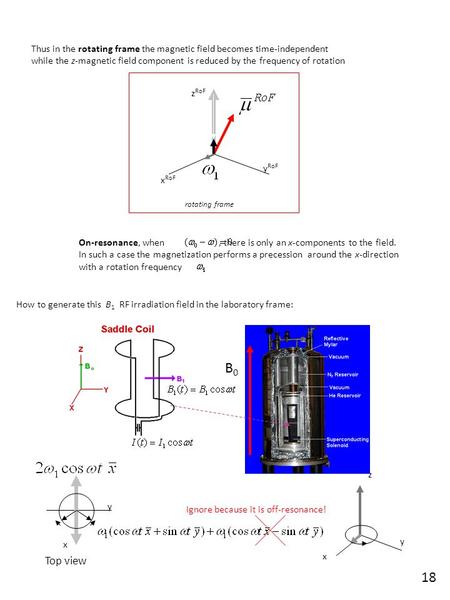 Thus in the rotating frame the magnetic field becomes time-independent while the z-magnetic field component is reduced by the frequency of rotation x RoF.