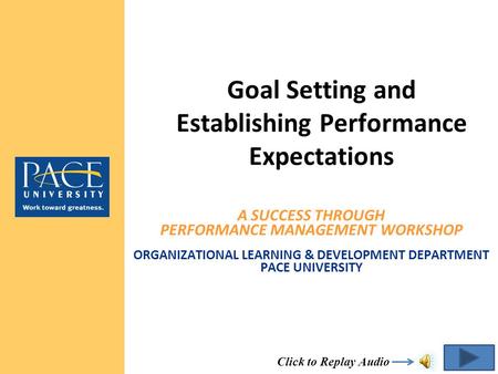 A SUCCESS THROUGH PERFORMANCE MANAGEMENT WORKSHOP ORGANIZATIONAL LEARNING & DEVELOPMENT DEPARTMENT PACE UNIVERSITY Goal Setting and Establishing Performance.