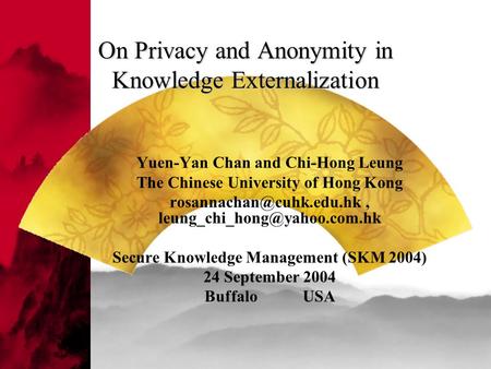 On Privacy and Anonymity in Knowledge Externalization Yuen-Yan Chan and Chi-Hong Leung The Chinese University of Hong Kong