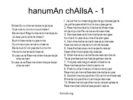 Smruthi.org hanumAn chAlIsA - 1 Shree Gu-ru cha-ra-na sa-ro-ja ra-ja Ni-ja ma-nu mu-ku-ru sud-haa-ri Ba-ra-naun Rag-hu-ba-ra bi-ma-la ja-su Jo daa-ya-ku.