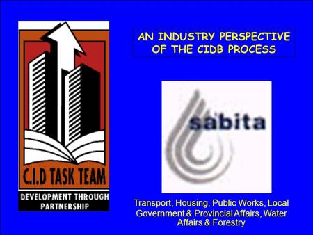 AN INDUSTRY PERSPECTIVE OF THE CIDB PROCESS Transport, Housing, Public Works, Local Government & Provincial Affairs, Water Affairs & Forestry.