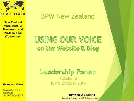 New Zealand Federation of Business and Professional Women Inc BPW New Zealand Lorraine Cameron – IT Administrator Using our Voice Leadership Forum Pukekohe.