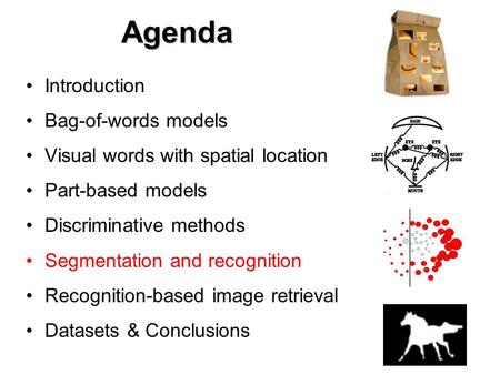 Agenda Introduction Bag-of-words models Visual words with spatial location Part-based models Discriminative methods Segmentation and recognition Recognition-based.