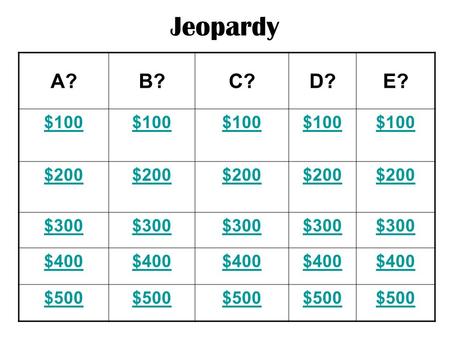 Jeopardy A?B?C?D?E? $100 $200 $300 $400 $500 ANSWER Any force on an object causes it to change this.