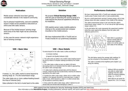 Virtual Sensing Range Emiliano Miluzzo, Nicholas D. Lane, and Andrew T. Campbell Computer Science Dept., Dartmouth College With support from the Institute.