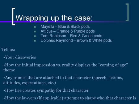 Wrapping up the case: Mayella – Blue & Black pods Atticus – Orange & Purple pods Tom Robinson – Red & Green pods Dolphus Raymond – Brown & White pods Tell.