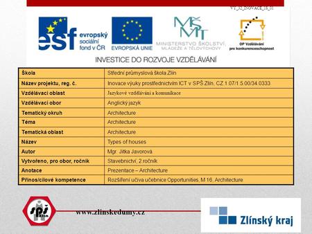 Www.zlinskedumy.cz ŠkolaStřední průmyslová škola Zlín Název projektu, reg. č.Inovace výuky prostřednictvím ICT v SPŠ Zlín, CZ.1.07/1.5.00/34.0333 Vzdělávací.