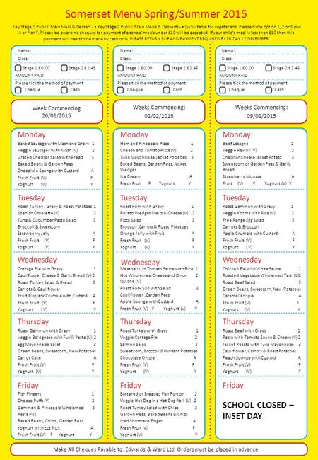 Somerset Menu Spring/Summer 2015 Key Stage 1 Pupils: Main Meal & Dessert - Key Stage 2 Pupils: Main Meals & Desserts - (v) Suitable for vegetarians. Please.