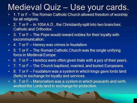 Medieval Quiz – Use your cards.