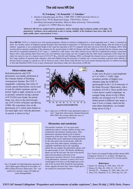 The old nova HR Del M. Friedjung 1, M. Dennefeld 1, I. Voloshina 2 1 Institut d’Astrophysique de Paris, UMR 7095, CNRS Universite Pierre et Marie Curie,