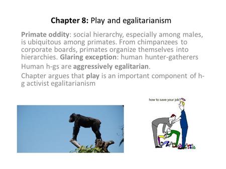 Chapter 8: Play and egalitarianism Primate oddity: social hierarchy, especially among males, is ubiquitous among primates. From chimpanzees to corporate.