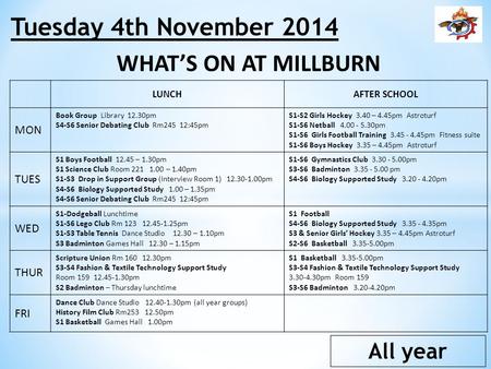 LUNCHAFTER SCHOOL MON Book Group Library 12.30pm S4-S6 Senior Debating Club Rm245 12:45pm S1-S2 Girls Hockey 3.40 – 4.45pm Astroturf S1-S6 Netball 4.00.