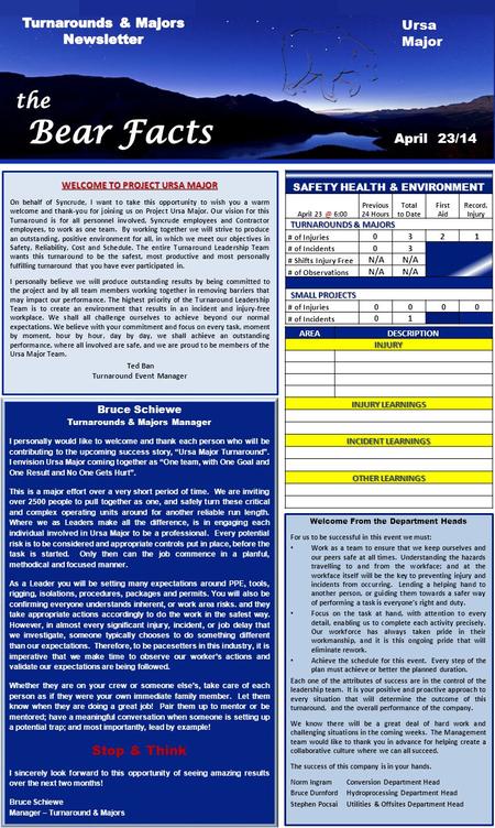 April 23/14. Ursa Major SAFETY HEALTH & ENVIRONMENT April 6:00 Previous 24 Hours Total to Date First Aid Record. Injury TURNAROUNDS & MAJORS TURNAROUNDS.