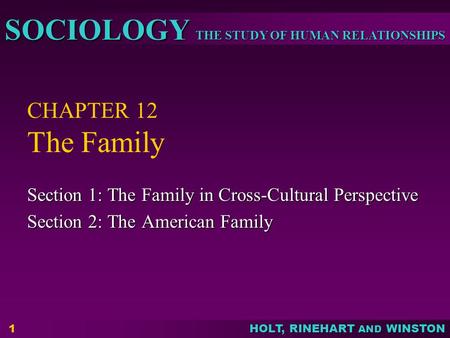 THE STUDY OF HUMAN RELATIONSHIPS SOCIOLOGY HOLT, RINEHART AND WINSTON 1 CHAPTER 12 The Family Section 1: The Family in Cross-Cultural Perspective Section.