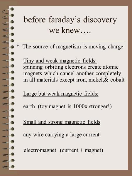 Before faraday’s discovery we knew…. * The source of magnetism is moving charge: Tiny and weak magnetic fields: spinning orbiting electrons create atomic.