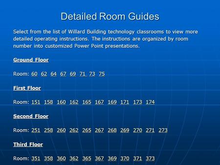 Detailed Room Guides Select from the list of Willard Building technology classrooms to view more detailed operating instructions. The instructions are.