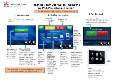 Teaching Room User Guide – Using the AV Pod, Projector and Screen If the touch panel is blank, press firmly to wake up. Start up the Pod To turn on the.